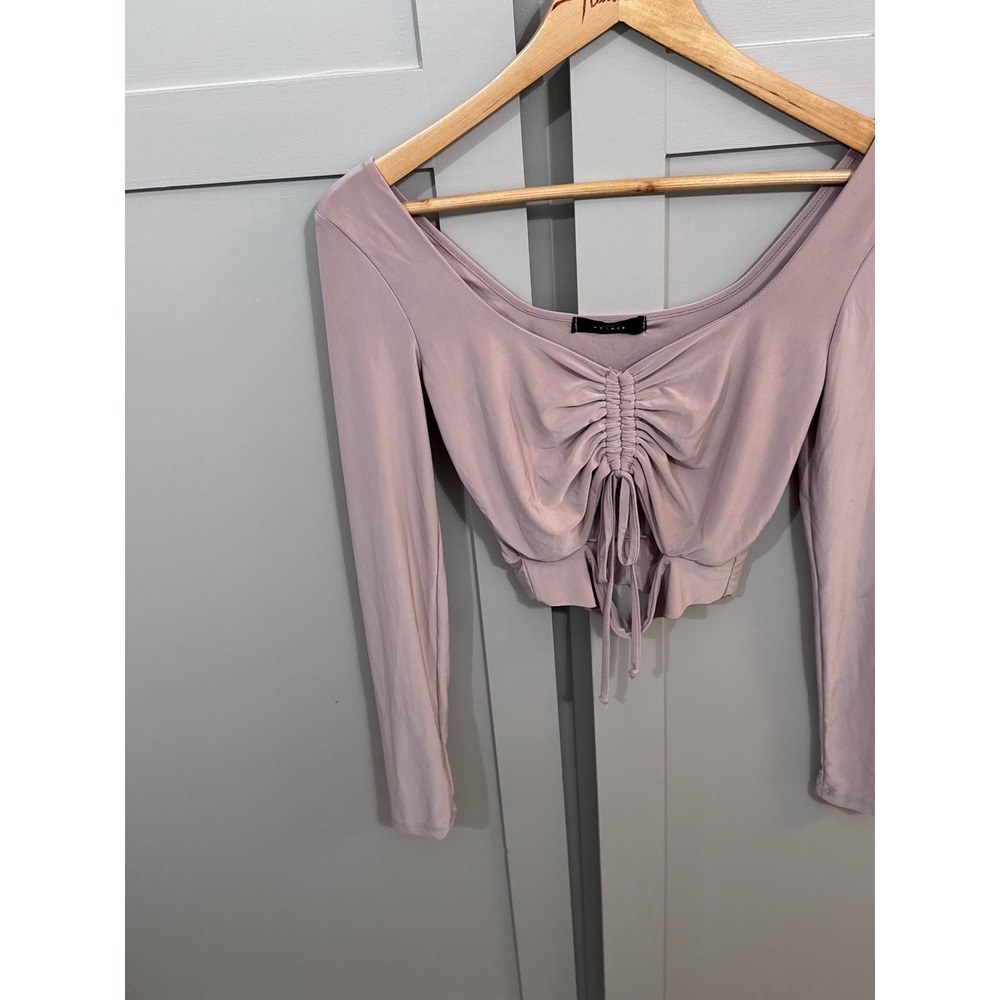 21 SAINTS Mauve Ruched Front Long Sleeve Crop Top Scoop Neck Lavender Pink